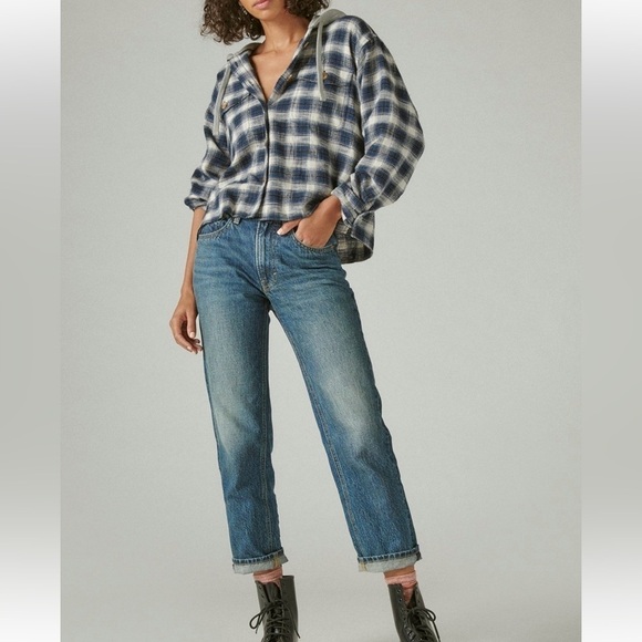 Lucky Brand Cropped Plaid Hoodie in size L, like new - Picture 3 of 10